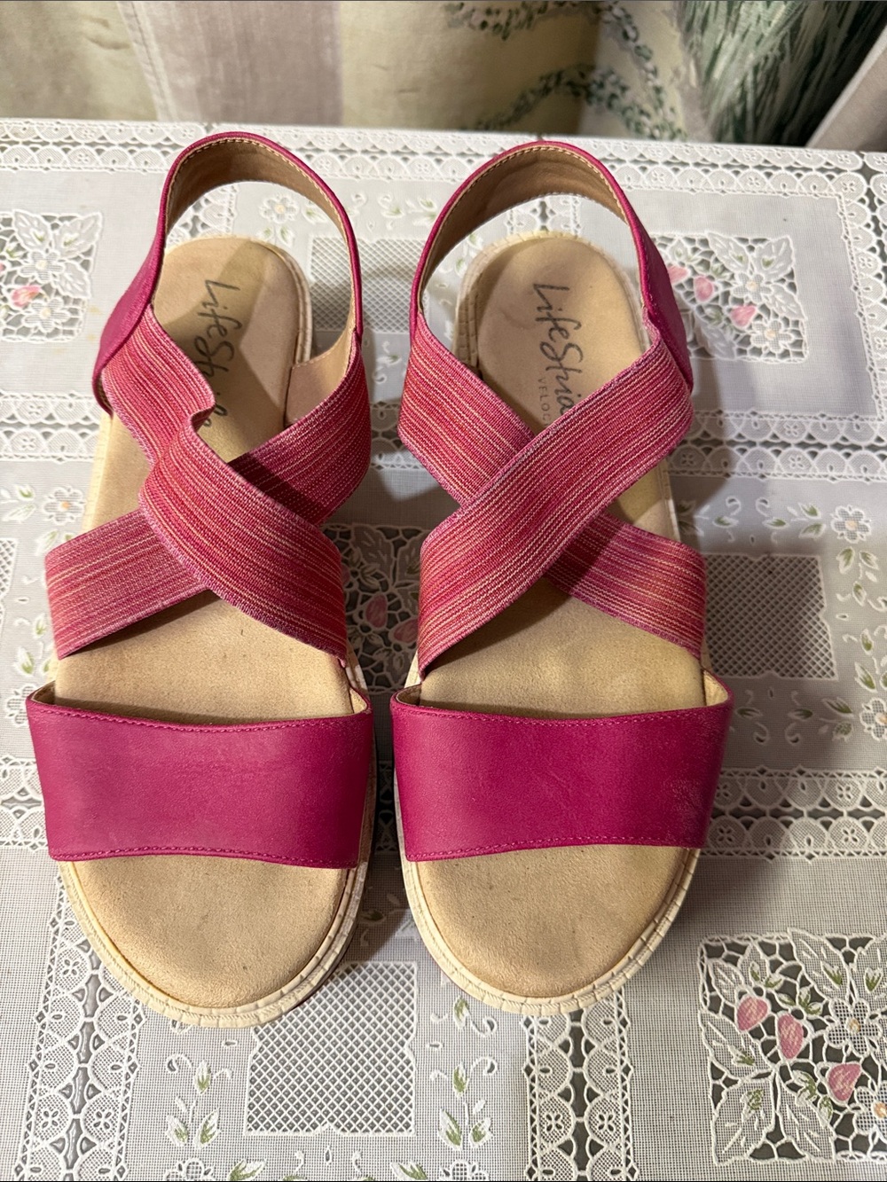 Life Stride Fuchsia Crisscross Elastic Slingback Sandals